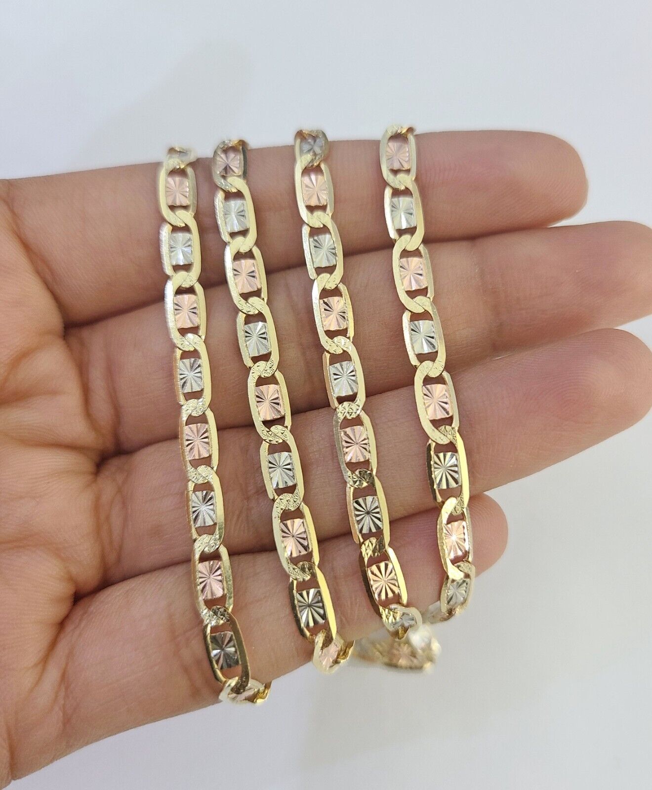 14k Valentino Chain Trio Gold Necklace Women's Link 24" inches 4mm Diamond Cuts