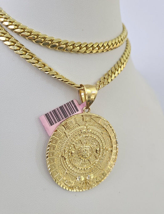 Real 14k Solid Chain Mayan Calendar Charm Set Miami Cuban 6mm Necklace Gold