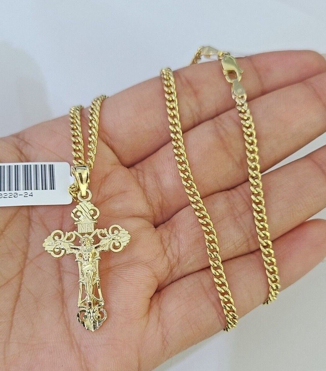 10K Gold Miami Cuban Chain INRI Cross Charm Length 18