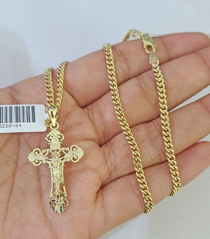 10K Gold Miami Cuban Chain INRI Cross Charm Length 18"-26" 2.5mm REAL Yellow