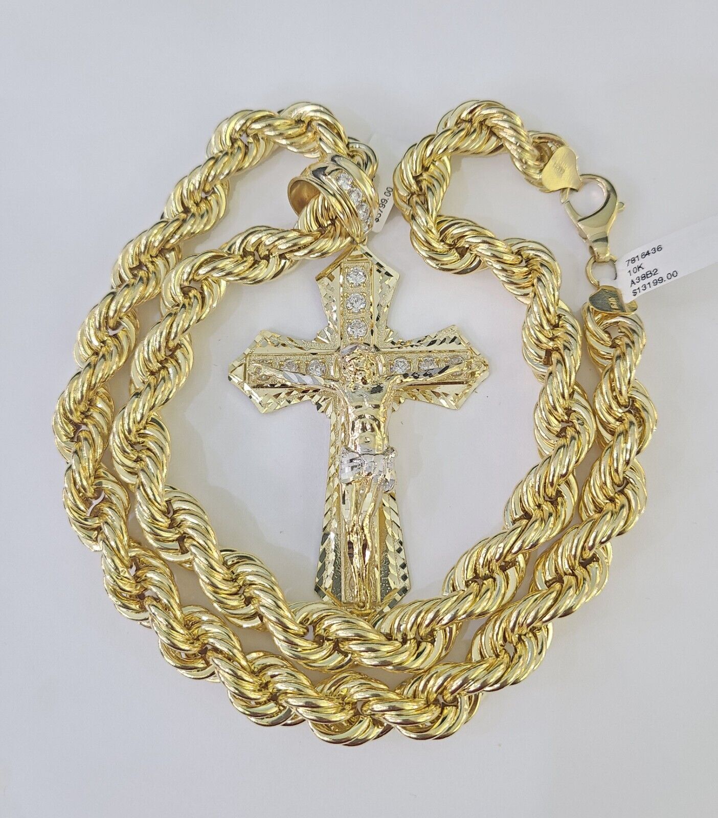 Real 10k Rope Chain Jesus Cross Charm Set 12mm 20"-30" Inch Necklace Yellow Gold