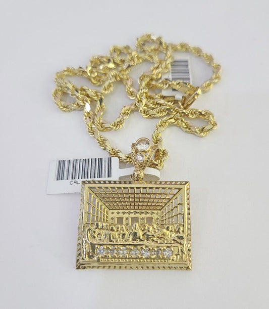 10k Solid Rope Chain Last Supper Charm Set 4mm 18"-30" Necklace Gold Pendant