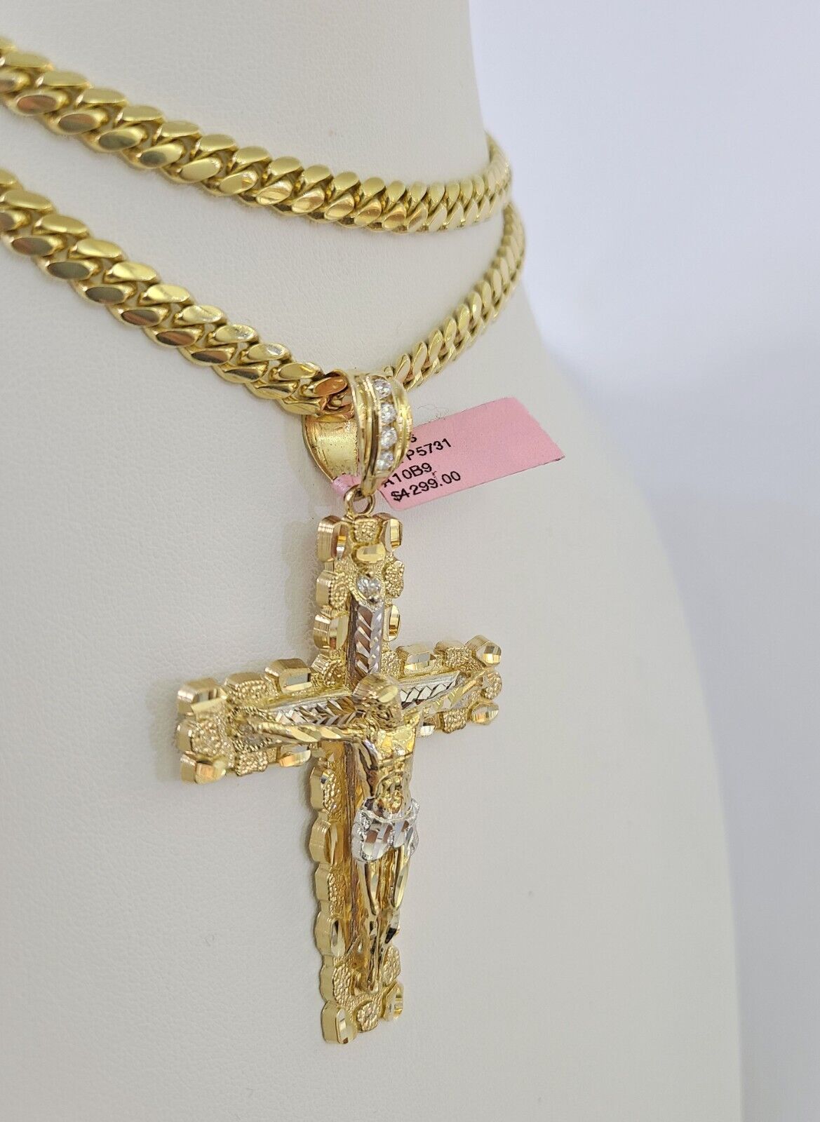 Real 14k Solid Chain Cross Charm Set Miami Cuban Link 6mm Necklace Pendant Gold