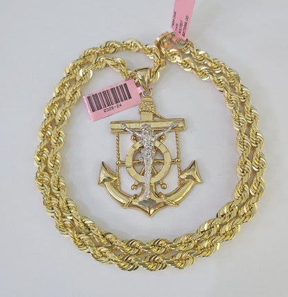 Real 14k Solid Rope Chain Jesus Anchor Charm Set 6mm 18"-30" Necklace Gold