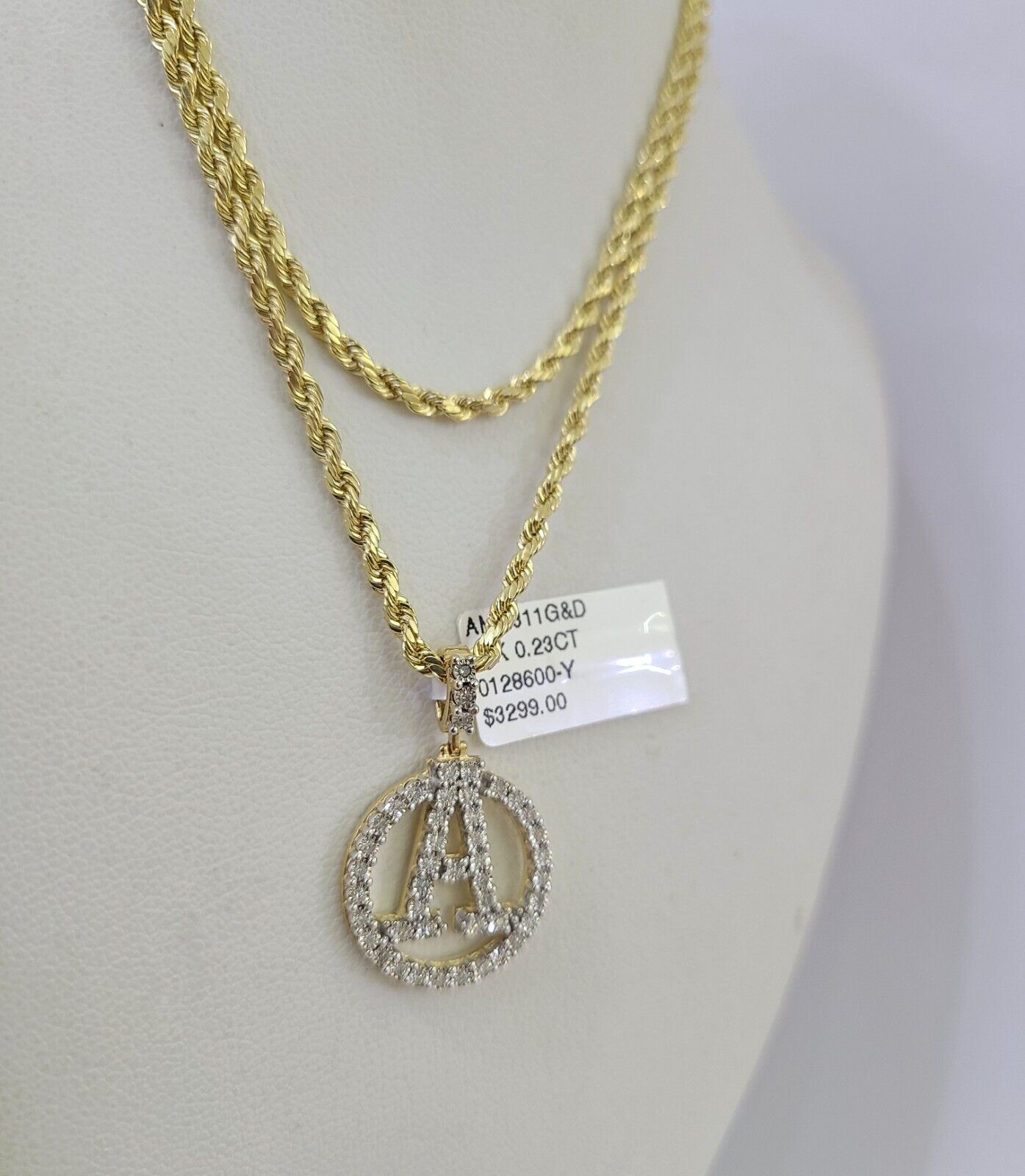 10k 3mm Rope Chain A Diamond Pendant Alphabet 18"-30" Gold Set Charm Necklace