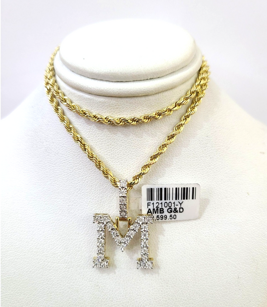 10k Rope Chain M Diamond Initial Charm Necklace Pendant Set 2mm 18"-24" Gold