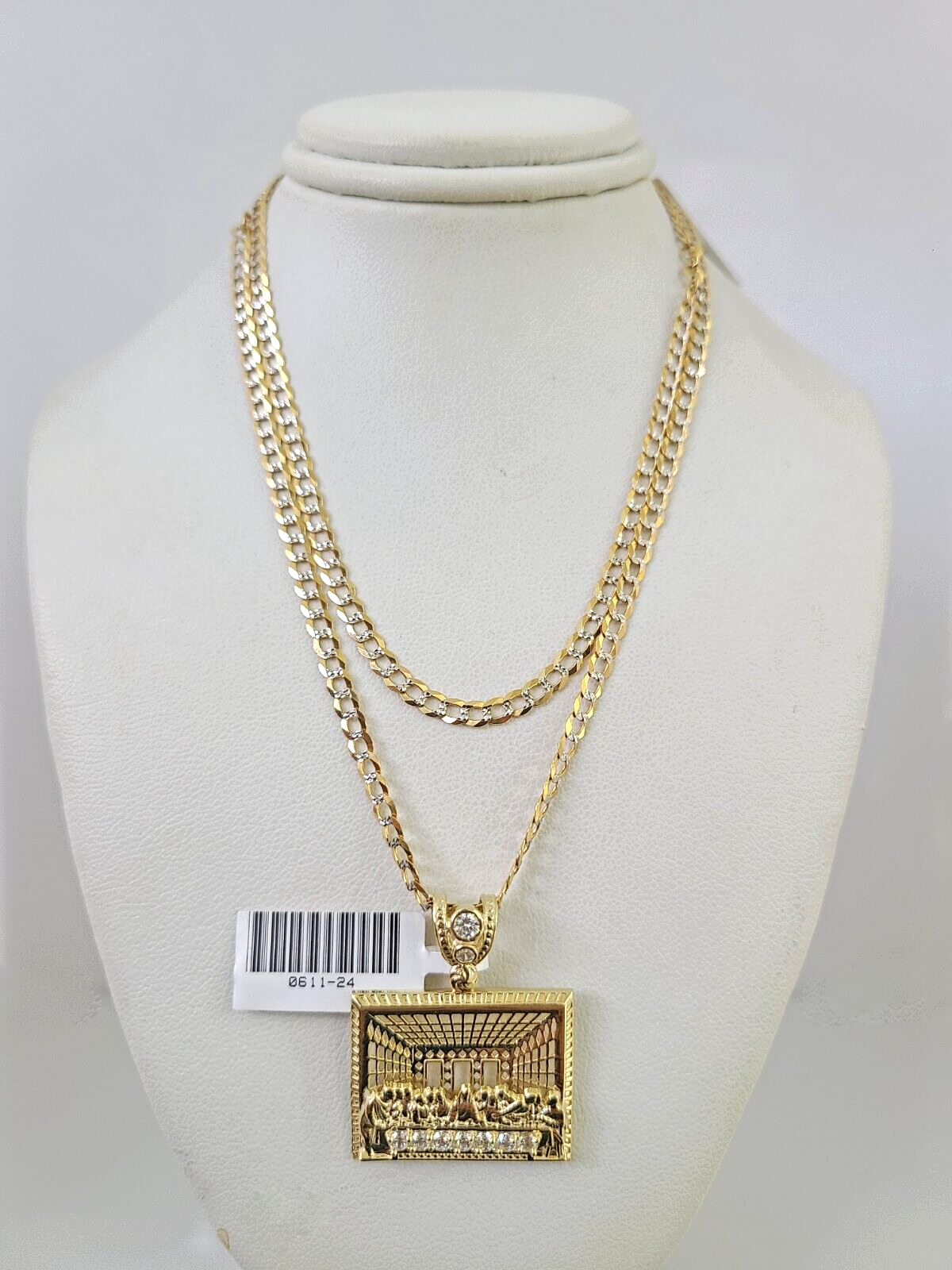 10k Gold Solid Cuban Curb Chain Last Supper Pendant Set 3mm 18"-26" Necklace