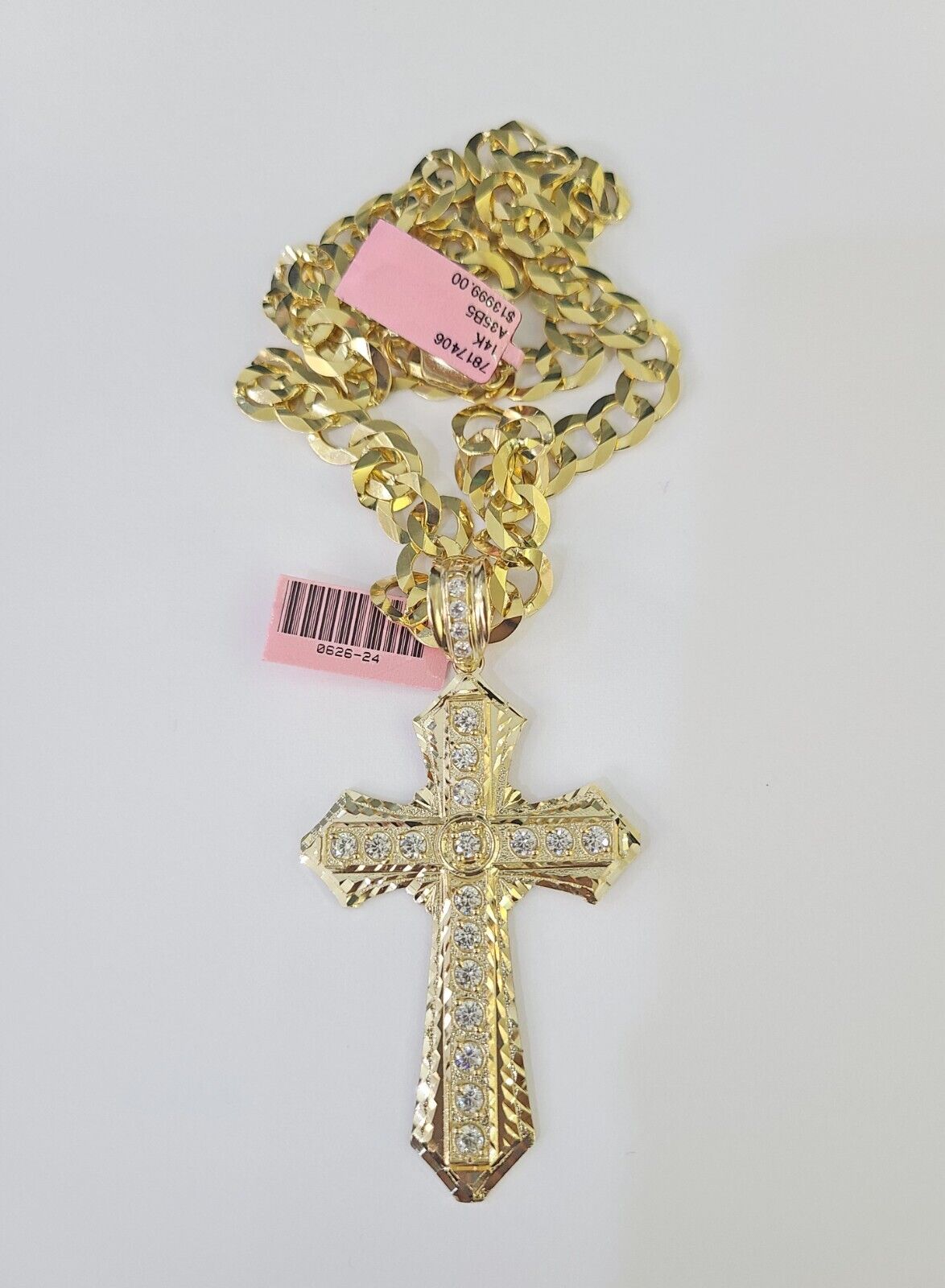 14k Solid Cuban Curb Link Chain Jesus Cross Charm Pendant 8mm 22inch YellowGold
