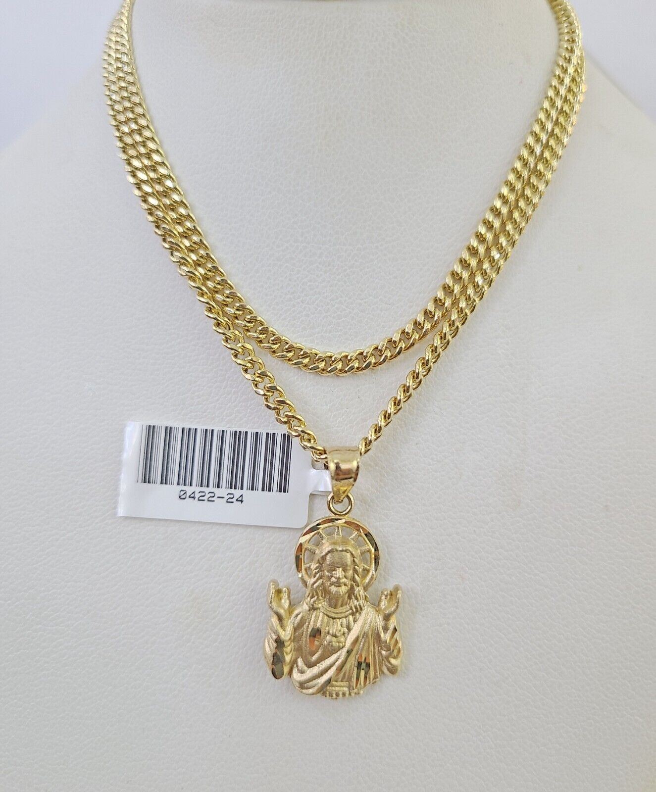 10K Gold Miami Cuban Chain Jesus Charm 18"-28" 3mm REAL Pendant Necklace SET