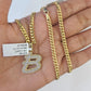 10k Miami Cuban Chain B Diamond Charm Set 4mm 18-26"Yellow Gold Necklace Pendant