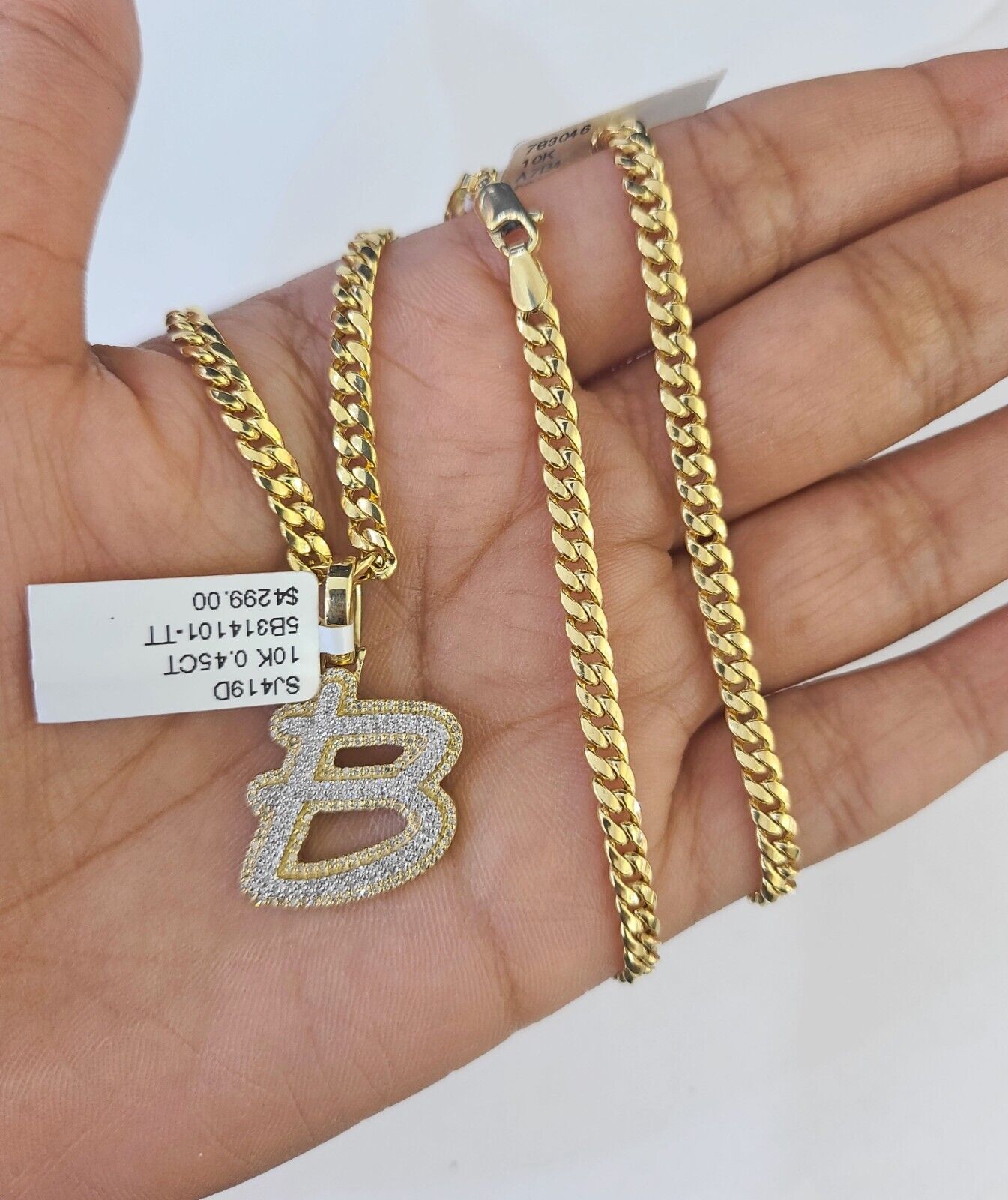 10k Miami Cuban Chain B Diamond Charm Set 4mm 18-26"Yellow Gold Necklace Pendant