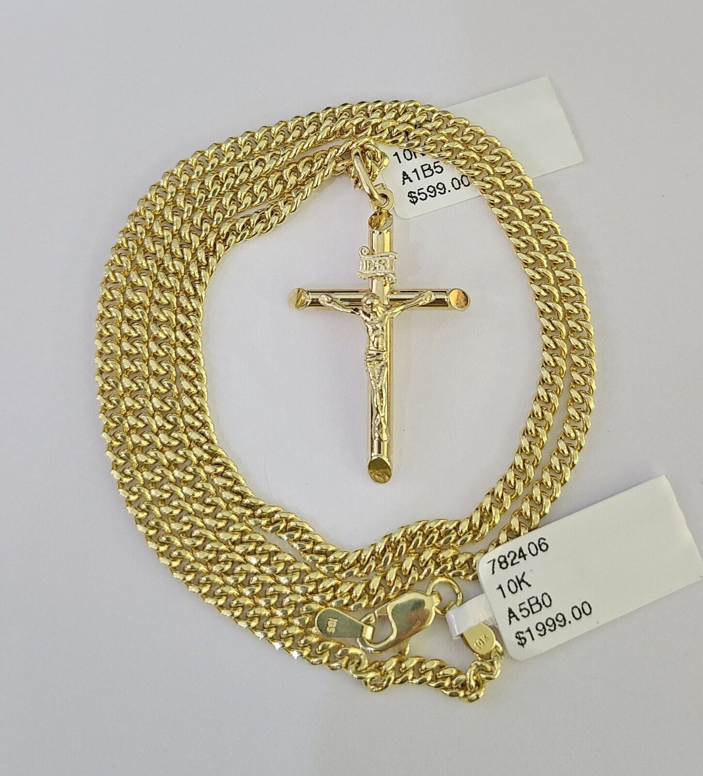 10K Gold Miami Cuban Chain INRI Jesus Cross 18"-28" 3mm Pendant Necklace SET