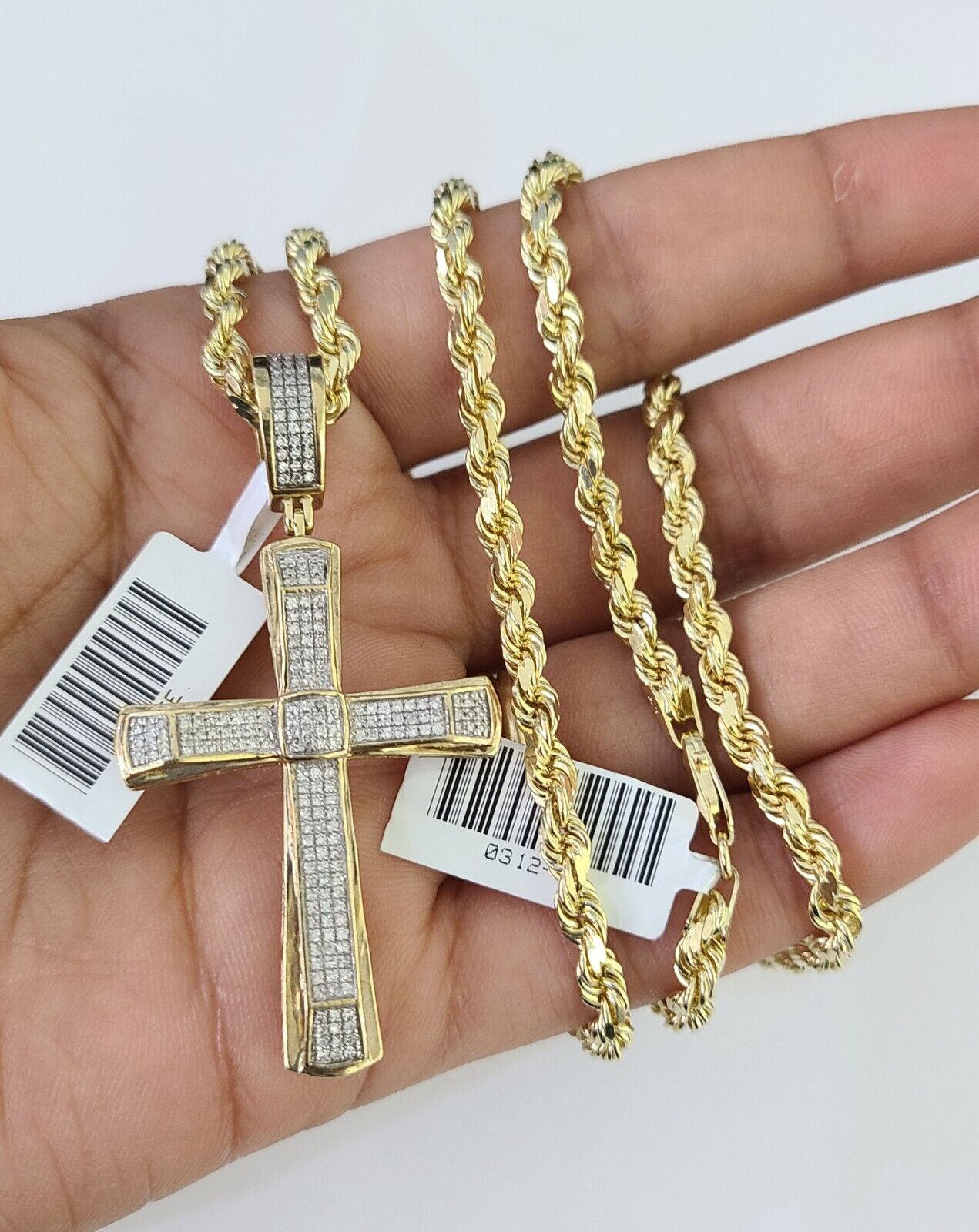 10k Solid Rope Chain Jesus Cross Charm Diamond Set 4mm 20"-28" Necklace Gold