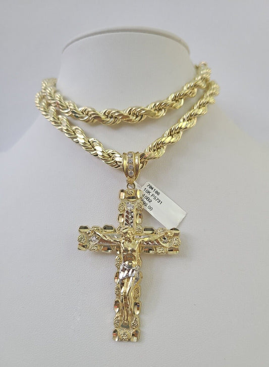 Real 10k Rope Chain Jesus Cross Charm Set 8mm 20"-30" Inch Necklace Yellow Gold