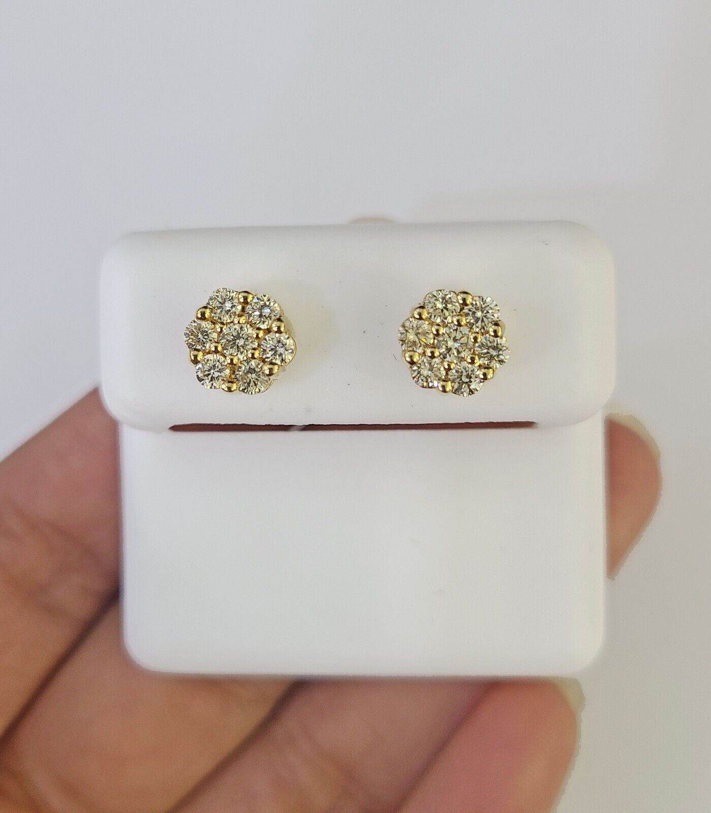 10k Diamond Flower Earrings Yellow gold Real screw-back Women Men Studs