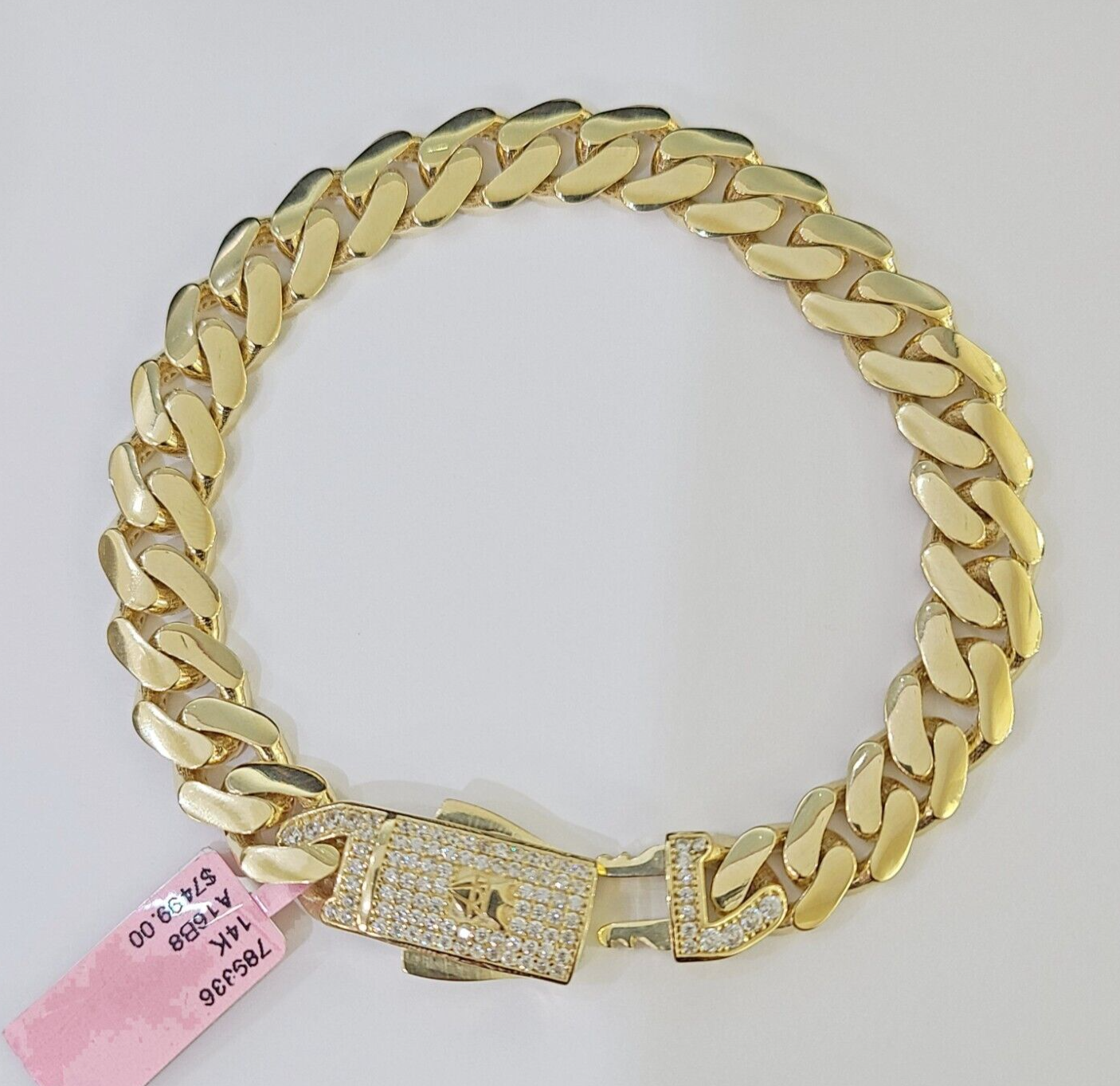 14K Yellow Gold Royal Monaco Cuban Bracelet 10mm 8.5 inches CZ Box Lock