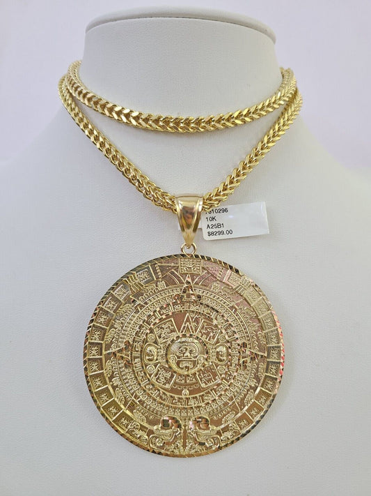 10K Franco Chain Mayan Calendar Pendant Charm Necklace 20"-26" 5mm Gold SET