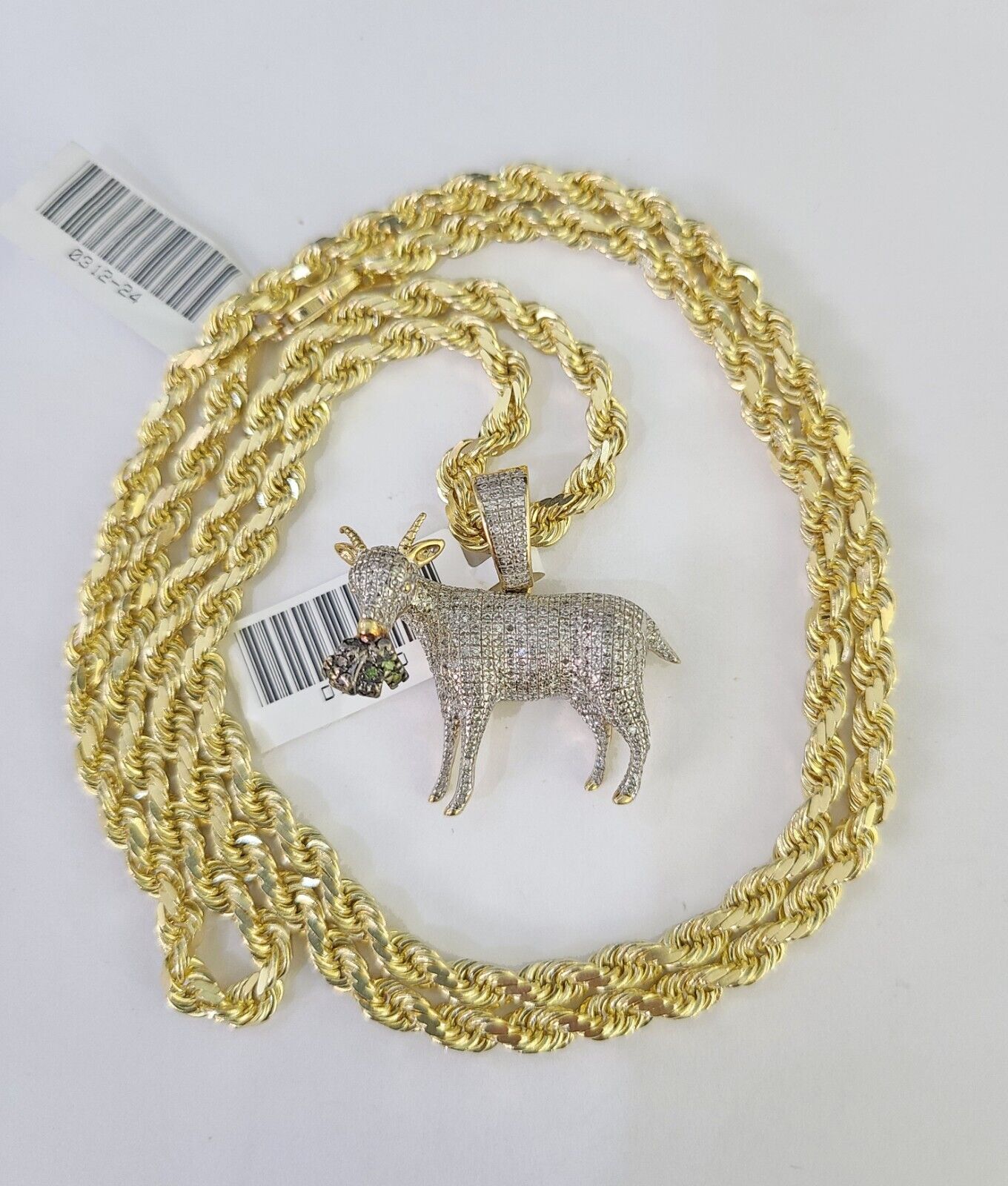 10k Solid Rope Chain Goat Charm Diamond Set 4mm 20"-28" Necklace Gold Yellow