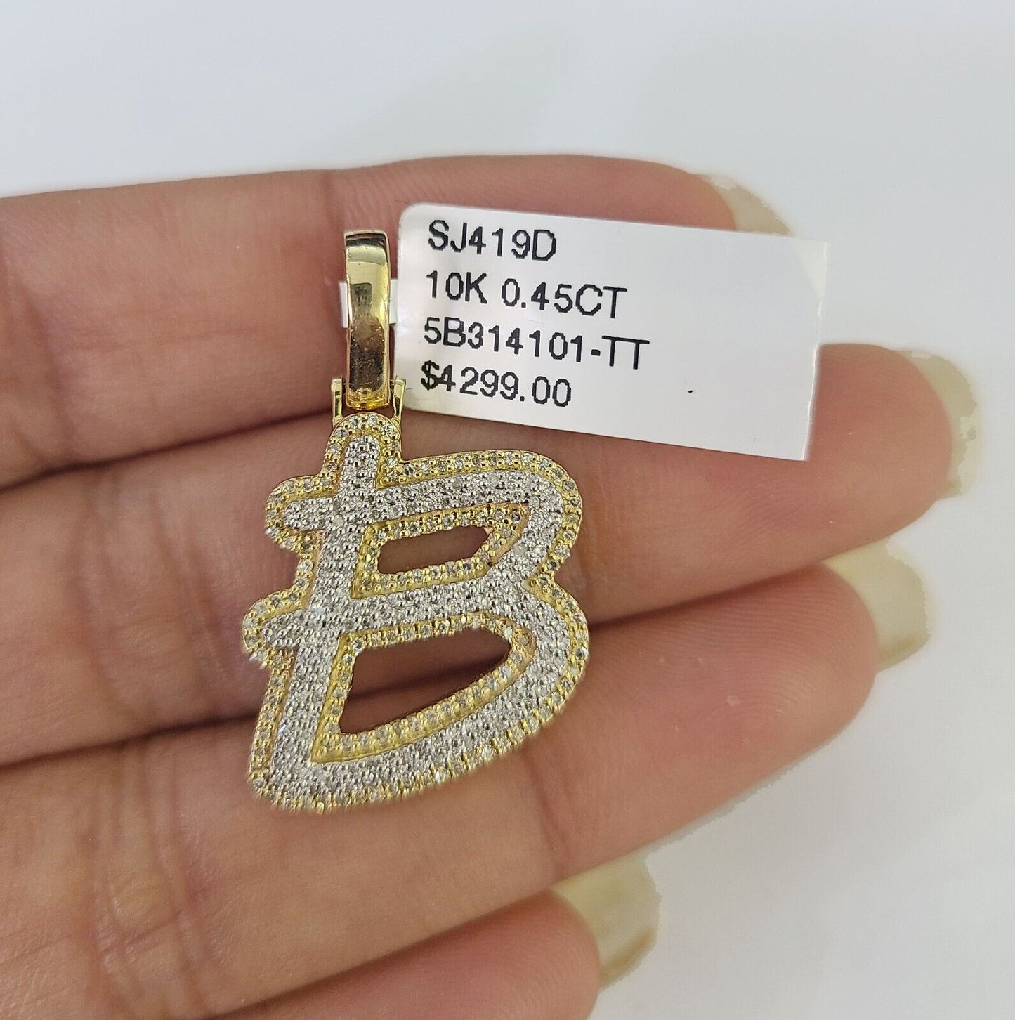 10k Miami Cuban Chain B Diamond Charm Set 4mm 18-26"Yellow Gold Necklace Pendant