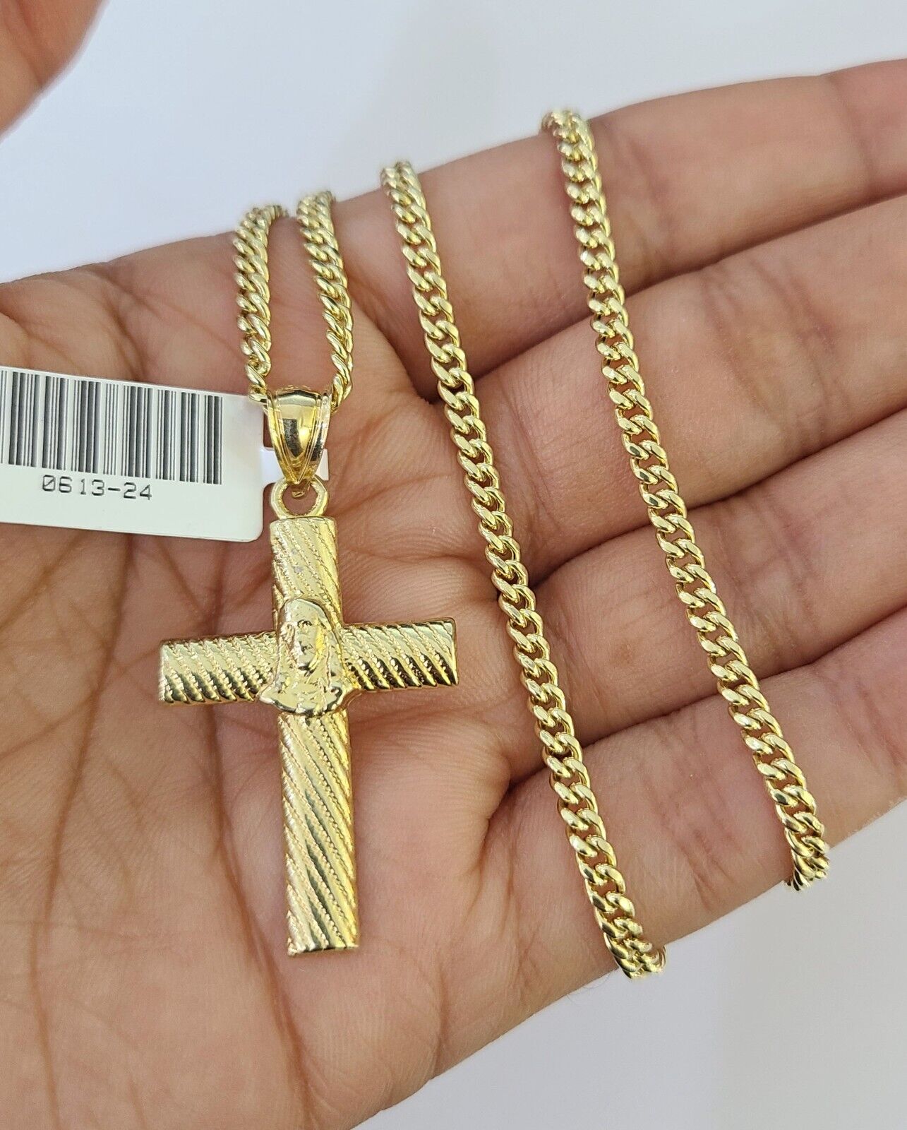 10K Gold Miami Cuban Chain Jesus Cross 18"-28" 3mm REAL Pendant Necklace SET