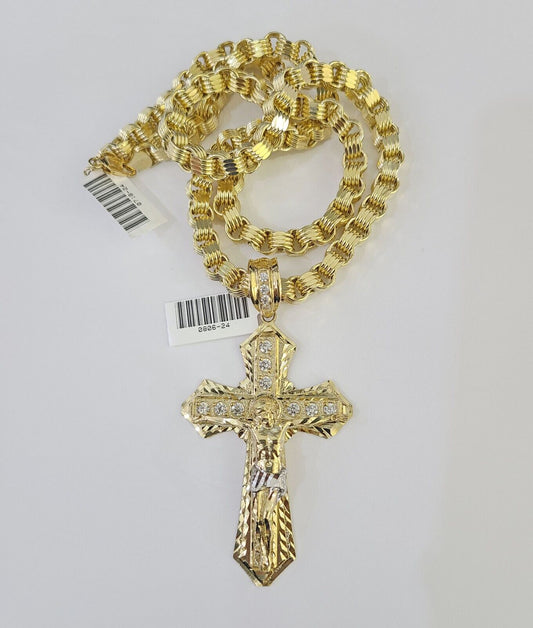 10k Gold Byzantine Necklace Jesus Cross Charm 20-30 inches 6mm SET Chain Pendant