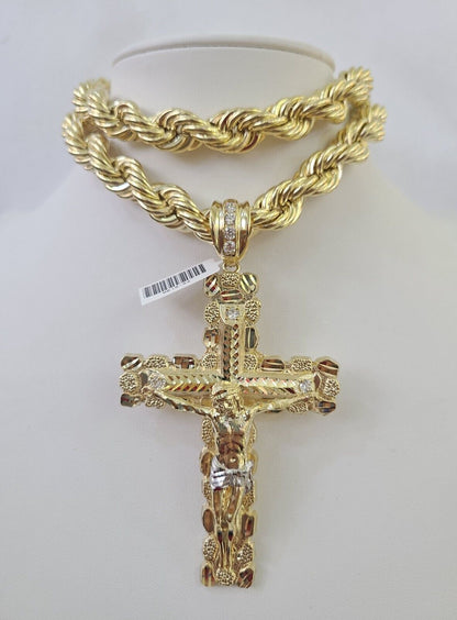 Real 10k Rope Chain Jesus Cross Charm Set 12mm 20"-30" Inch Necklace Yellow Gold