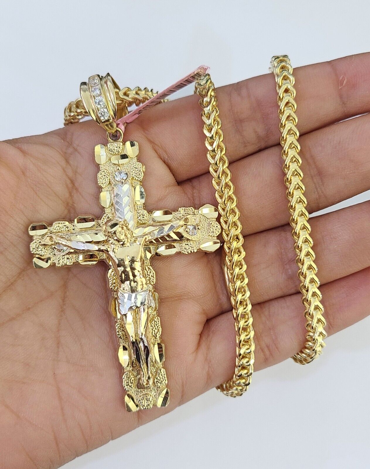 14k Gold Chain Jesus Cross Charm Solid Cuban Curb 5mm 20"-26" Inch SET Necklace