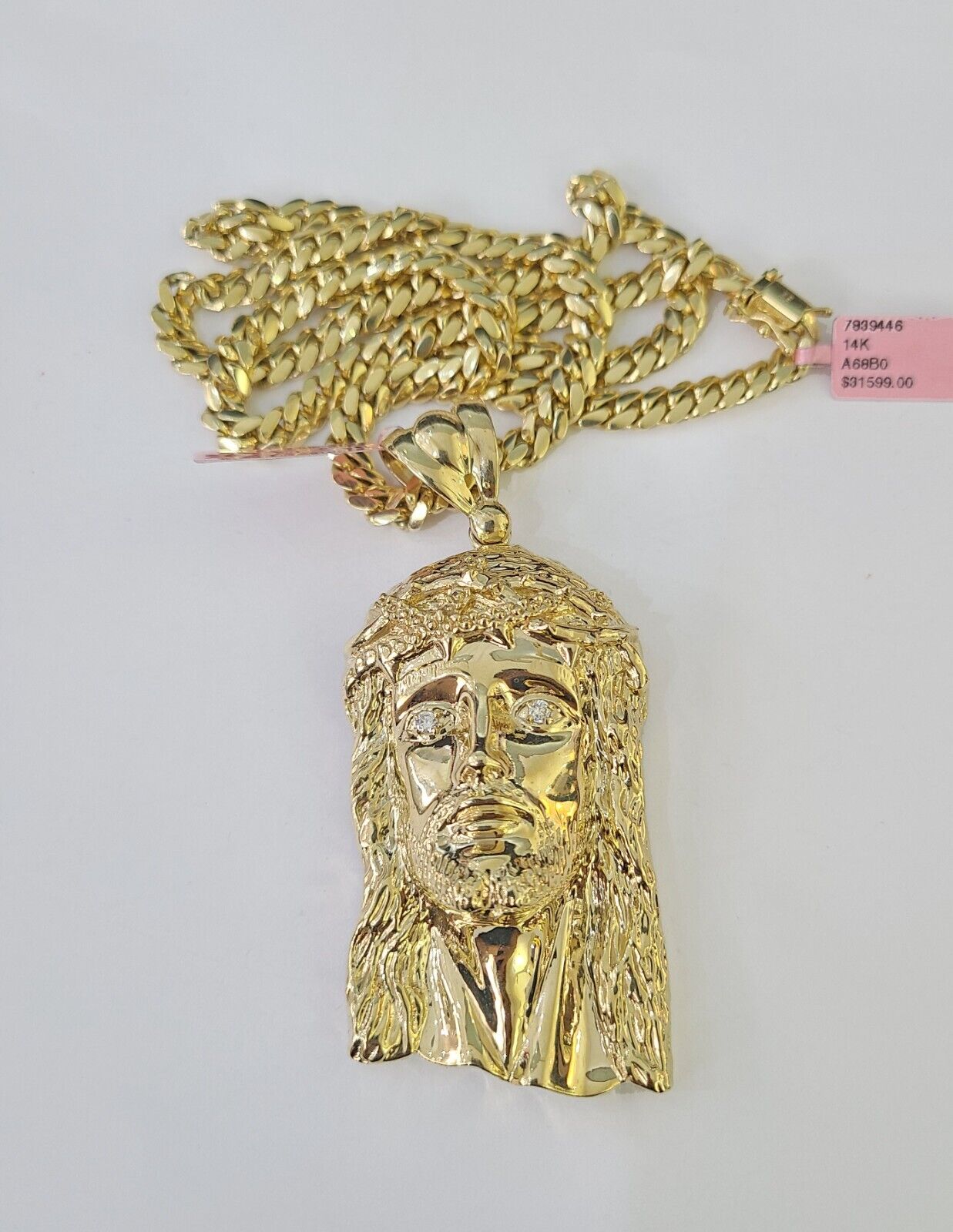 Real 14k Solid Chain Jesus Head Charm Set Miami Cuban Link 6mm Necklace Pendant