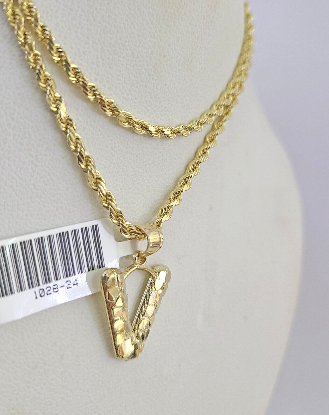 10k Gold Initial V Charm Rope Chain 16"-26" 2.5mm SET Necklace Alphabet Pendant