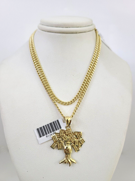 10k Gold Miami Cuban Chain Money Tree Charm Pendant 3mm 18-28in Necklace Set