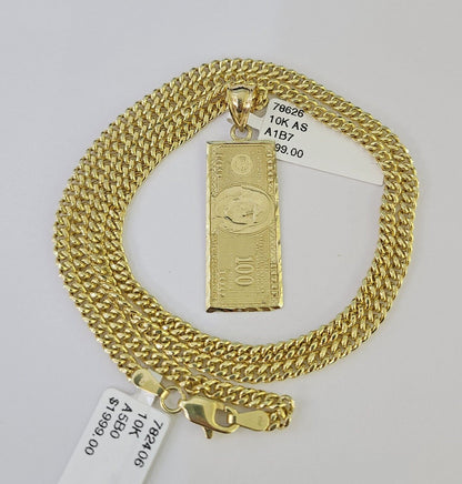 10K Gold Miami Cuban Chain 100 Dollar Bill 18"-28" 3mm REAL Pendant Necklace SET