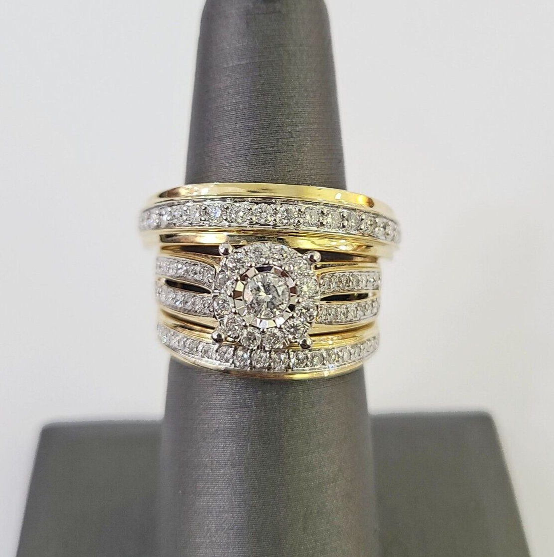 REAL 14k Diamond Ring Yellow Gold Ladies Men Trio SET Wedding Engagement Genuine