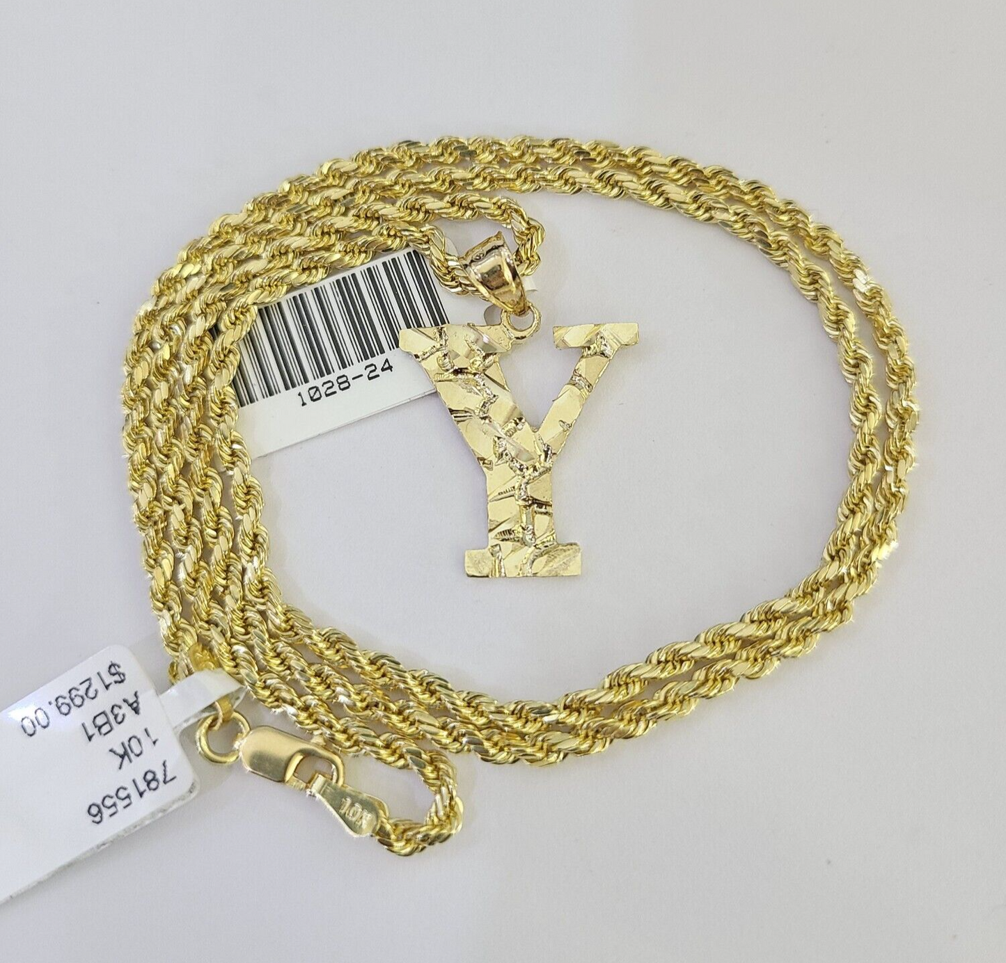 10k Gold Initial Y Charm Rope Chain 16"-26" 2.5mm SET Necklace Alphabet Pendant