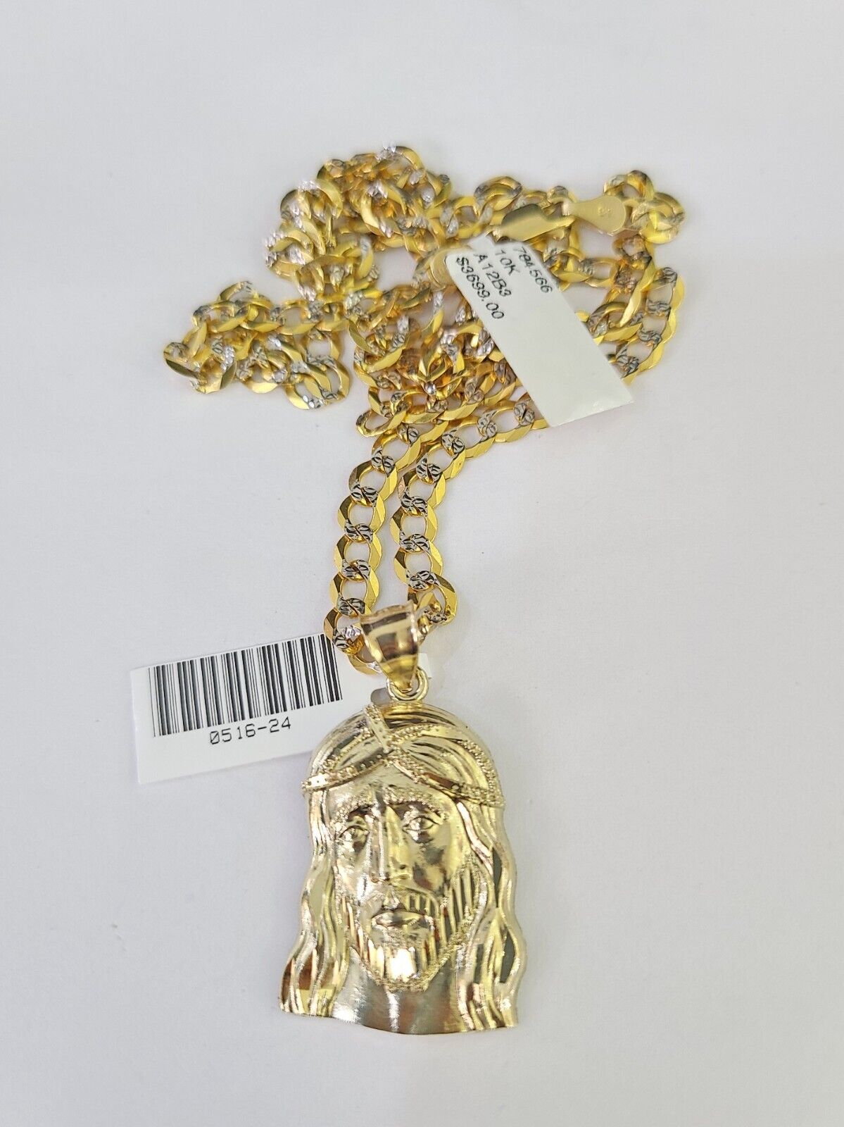 10k Gold Chain Jesus Head Charm Solid Cuban Curb Link 5mm 18"-28" Inch SET