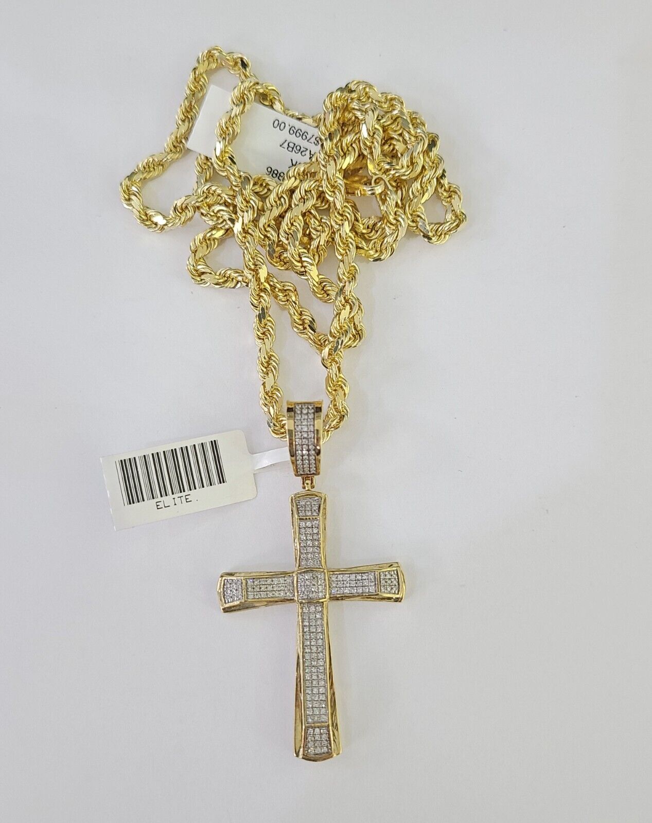 10k Solid Rope Chain Jesus Cross Charm Diamond Set 4mm 20"-28" Necklace Gold