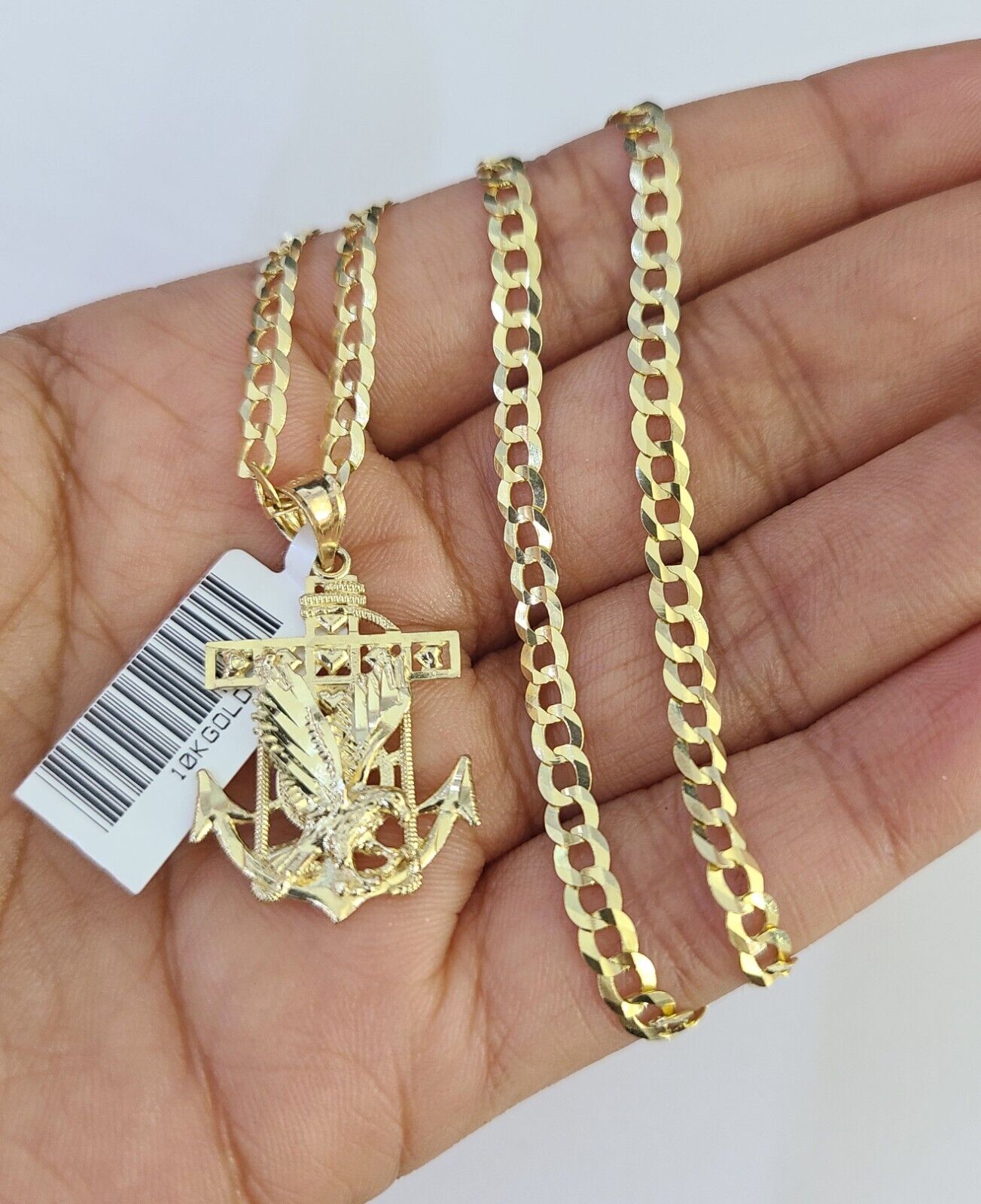 10k Gold Cuban Curb Chain Eagle Anchor Charm Solid 4mm 18"-28" SET Necklace