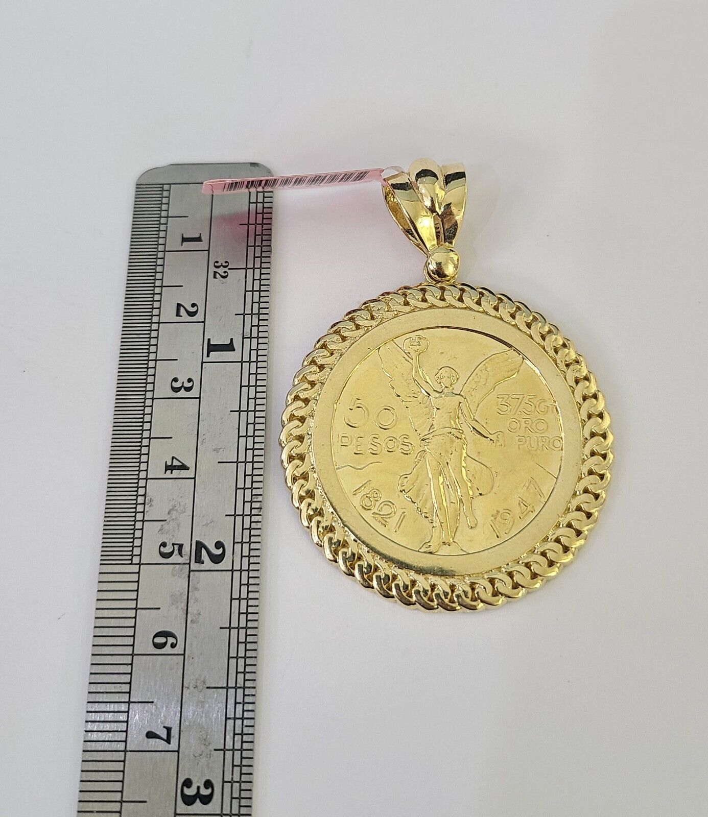 14k Solid Figaro Chain Centenario Bezel Pendant Gold 7mm 20-30 inch SET Necklace