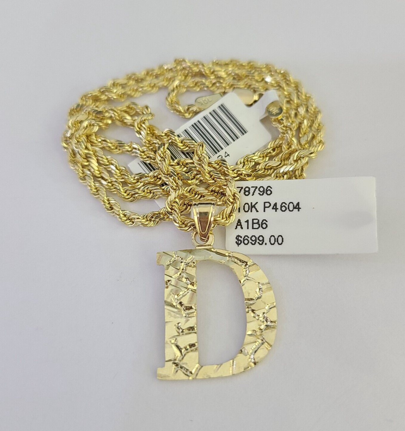 10k Gold Initial D Charm Rope Chain 16"-26" 2.5mm SET Necklace Alphabet Pendant