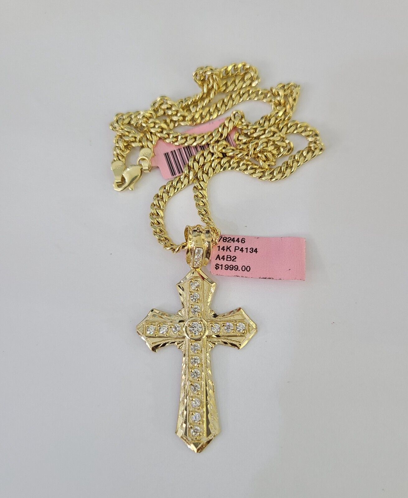 Real 14k Chain Cross Charm Set Miami Cuban Link 4mm Necklace Pendant Yellow Gold