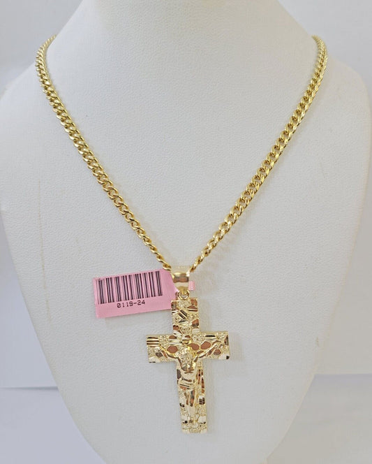 14k Yellow Gold Chain Cross Charm Set Miami Cuban Link Necklace Pendant DISCOUNT