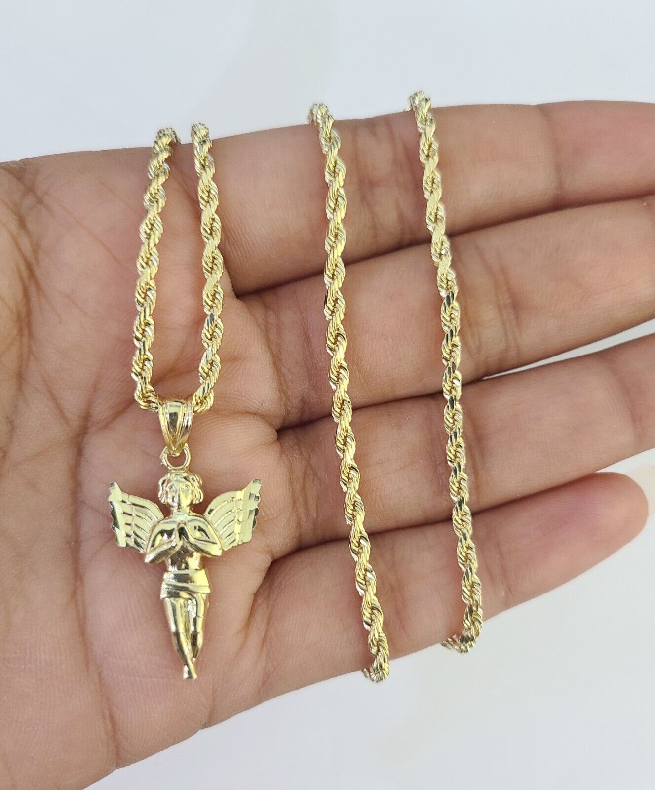 10k 2.5mm Rope Chain Praying Angel Pendant 18"-30 Yellow Gold Set Charm Necklace