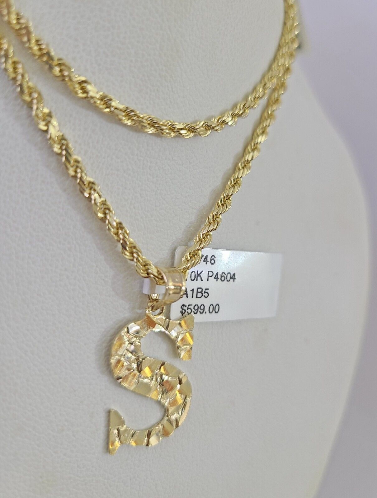 10k Gold Initial S Charm Rope Chain 16"-26" 2.5mm SET Necklace Alphabet Pendant