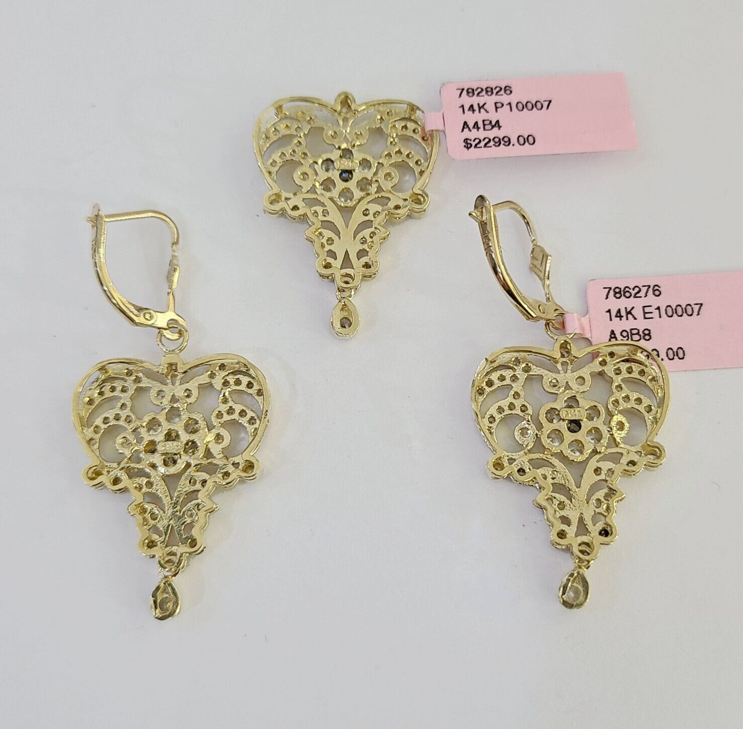 14k Chandelier Earrings Pendant Charm SET Yellow Gold Real Genuine 14Kt