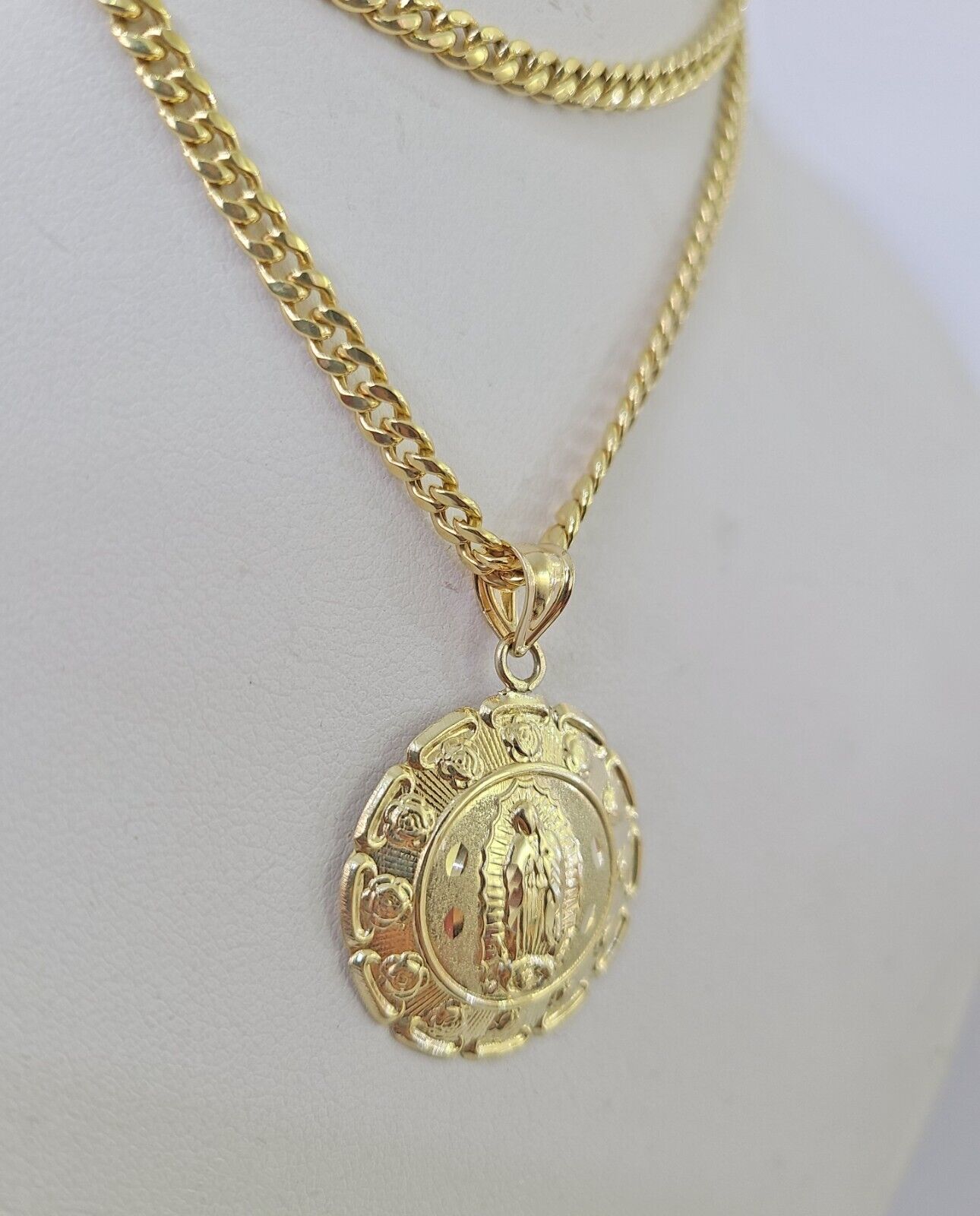 10k Miami Cuban Chain Virgin Mary Charm Set 4mm 18"-28" Necklace Yellow Gold