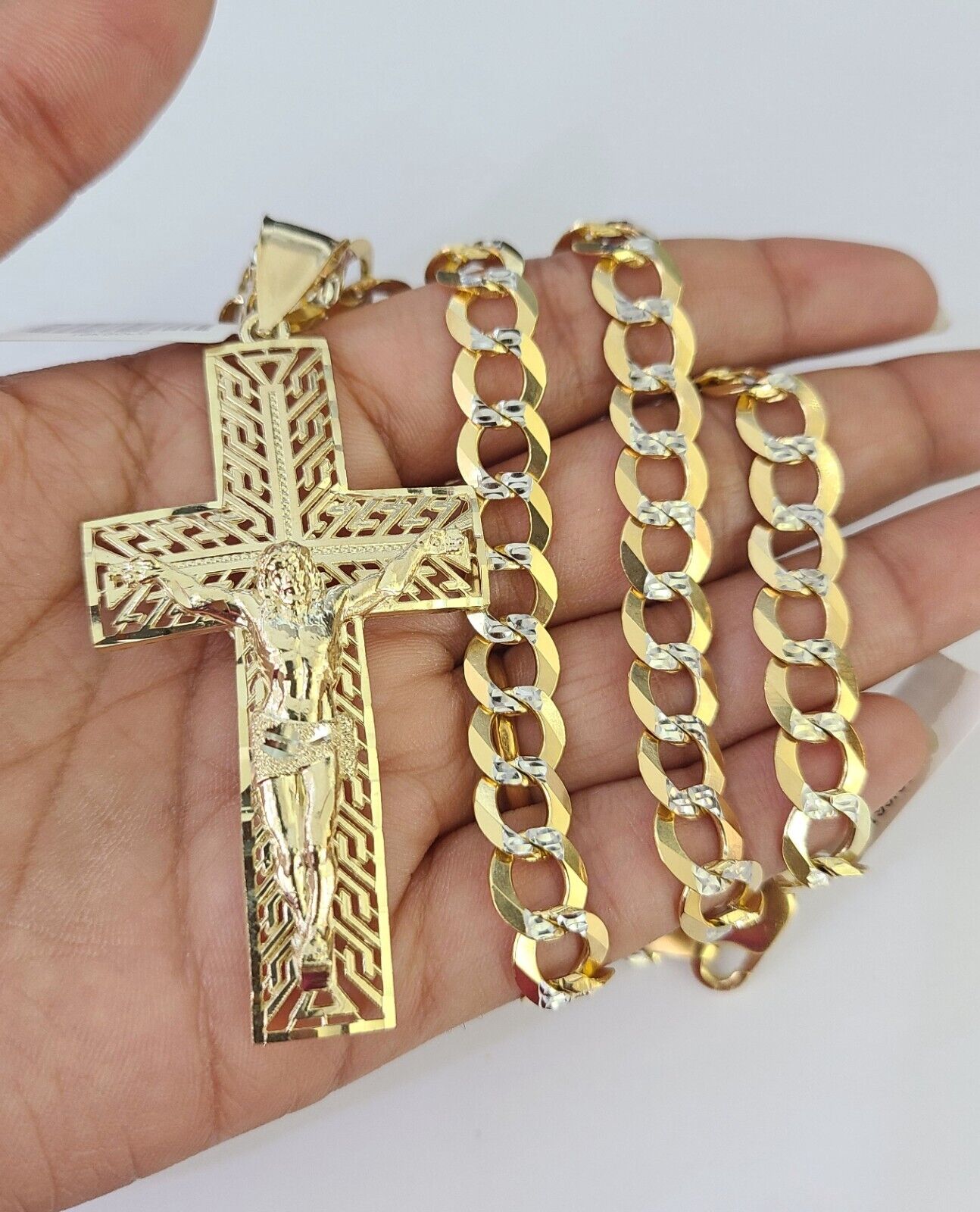 10k Gold Chain Cross Charm Solid Cuban Curb Necklace 9mm 20"-30" Diamond Cut SET