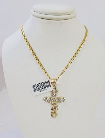 10K Gold Miami Cuban Chain 3mm Length 18" 20" 22" 24" 26" 28" 30" & Cross Charm