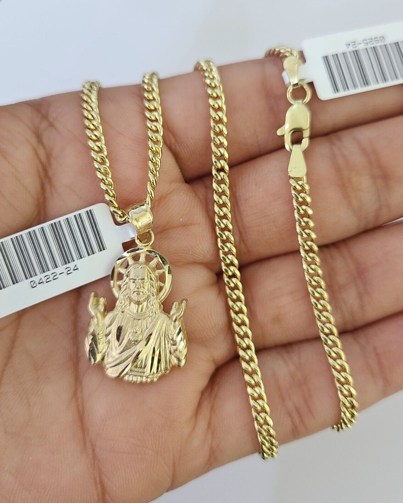 10K Gold Miami Cuban Chain Jesus Charm 18"-28" 3mm REAL Pendant Necklace SET