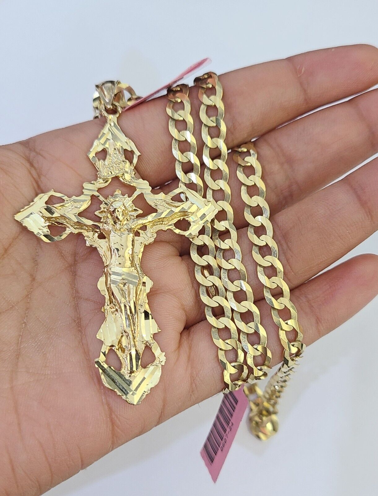 14k Gold Chain Jesus Cross Charm Solid Cuban Curb 5mm 20"-26" Inch SET Necklace