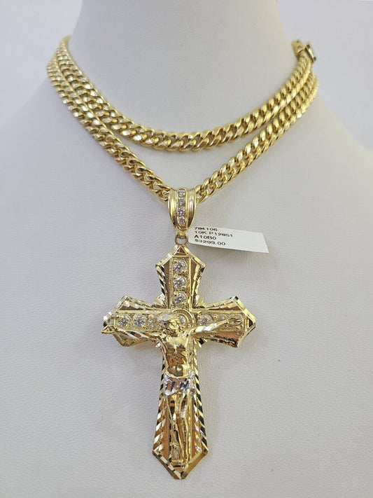 10K Miami Cuban Link Chain Jesus Cross Pendent Charm 6mm 20"-30" Necklace