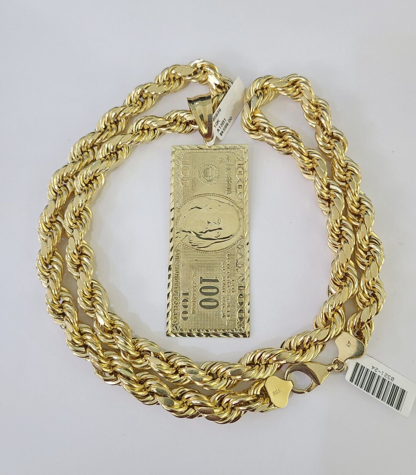 Real 10k Rope Chain 100 Money Dollar Charm Set 10mm 20"-30" Inch Necklace Gold